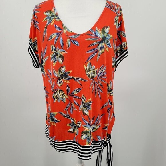 Lascana Orange & Navy Tropical Floral Print Tie Detail Printed Top - Picture 5 of 11